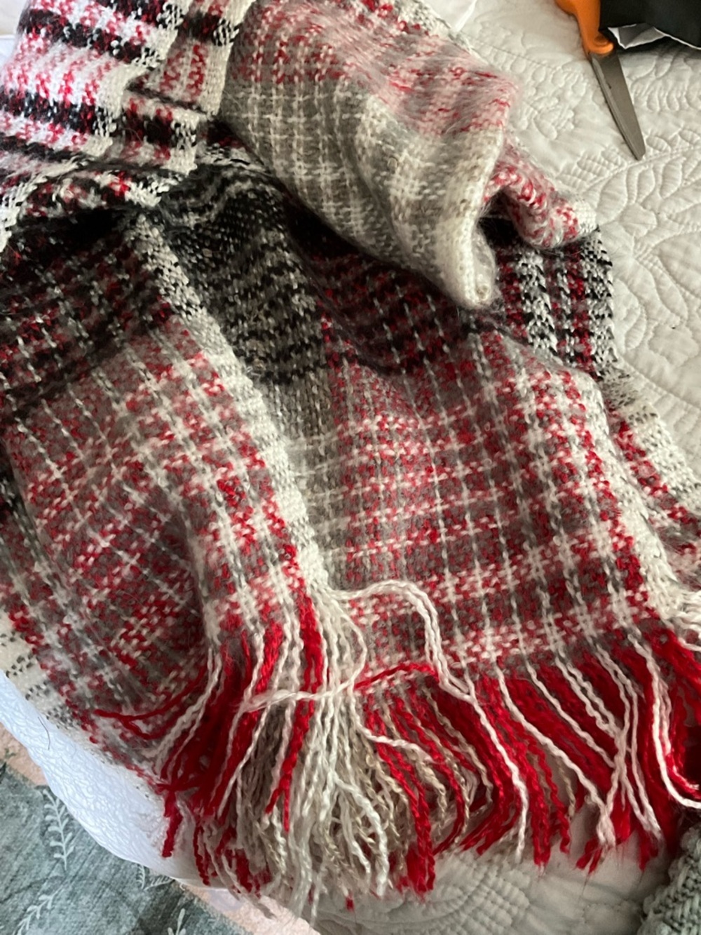J.Jill Plaid Scarf Fringe Red White Gray Black Acrylic 17x90